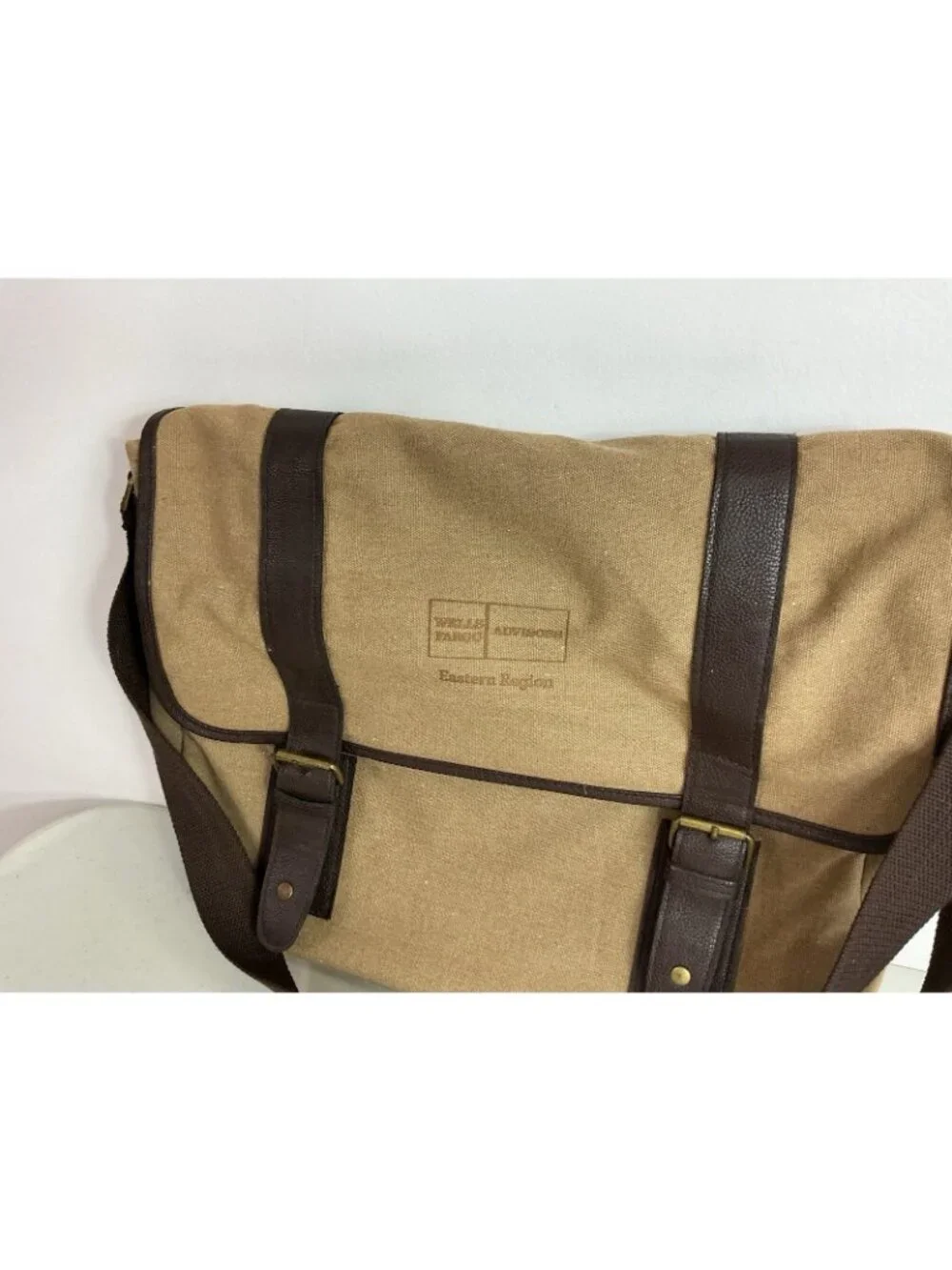 Wells Fargo Tan Canvas Brown Leather Messenger Bag Utility Crossbody